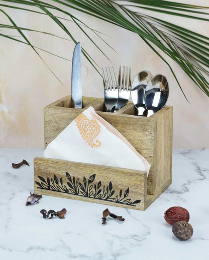 Wood Wave Cutlery Stand with Napkin Holder | 7 x 5 x 5 inches