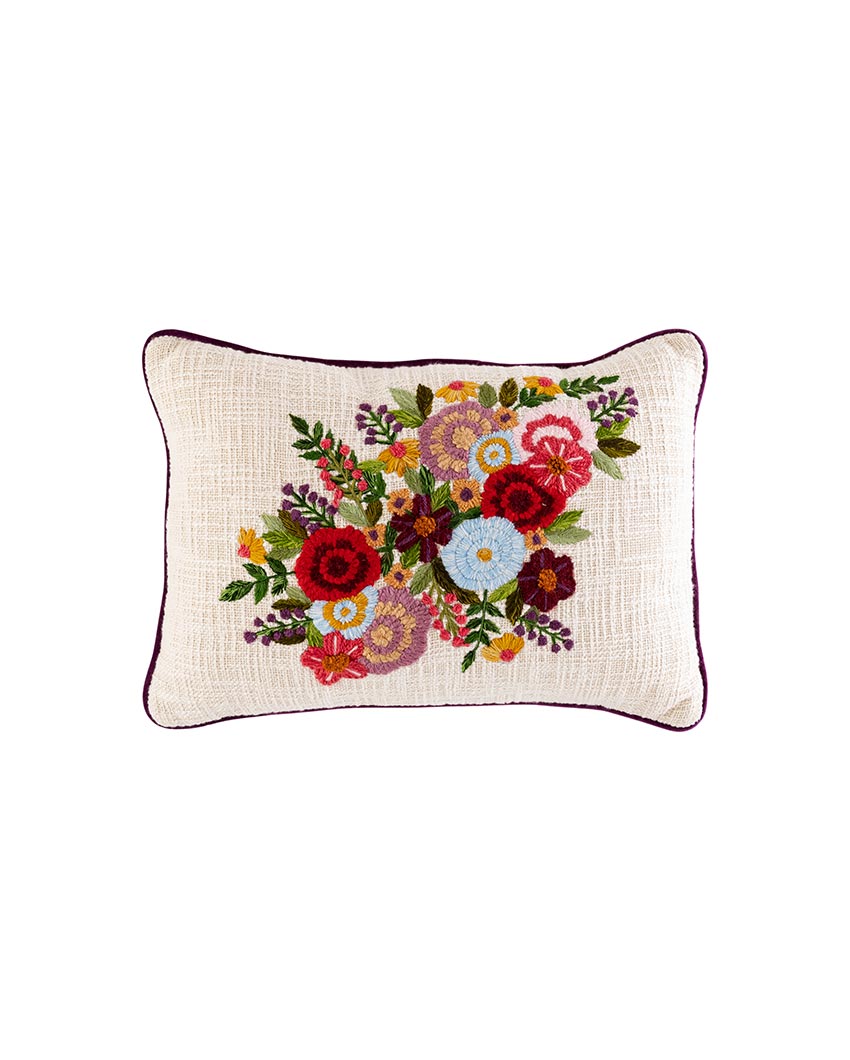 Kali Embroidered Flower Bunch Cushion Cover | 35 x 50 cm/14 x 20 inches