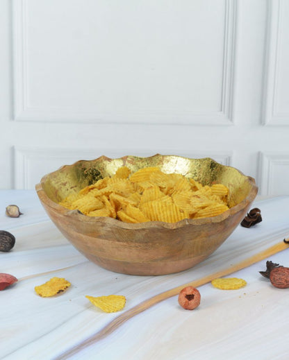 Traditional Foiling Orichalcharm Wooden Serving Bowl | 11 x 4 inches