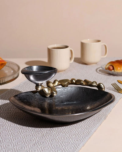 Sophisticated Stone Toned Ceramic Serving Plate with Dip Bowl | 11 x 4 inches