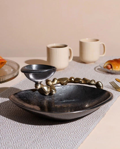 Sophisticated Stone Toned Ceramic Serving Plate with Dip Bowl | 11 x 4 inches