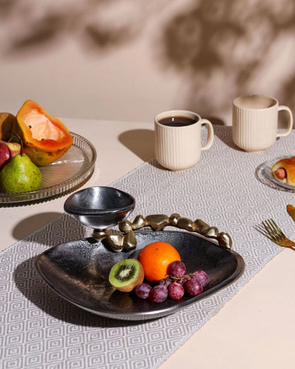 Sophisticated Stone Toned Ceramic Serving Plate with Dip Bowl | 11 x 4 inches