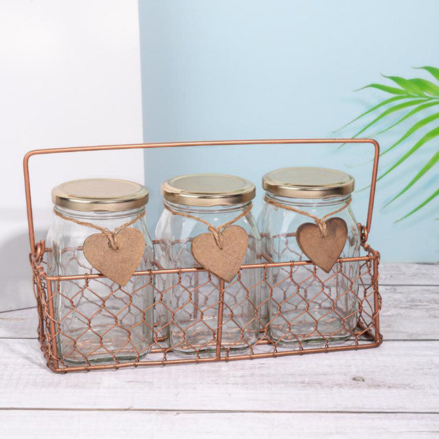 Unique 3 Storage Glass Jars with Basket Set | 9 x 4 x 5 inches