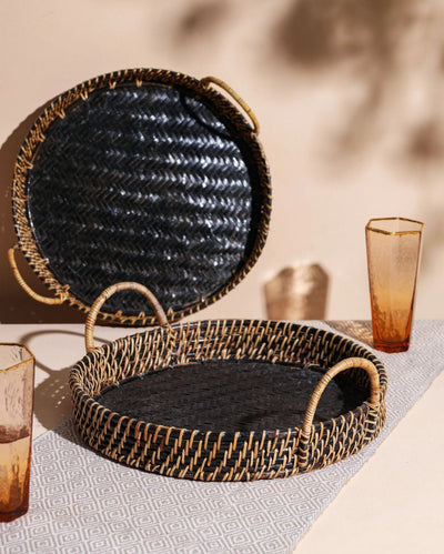 Modern Black Round Wooden Tray with High Handle | 14 x 14 x 2 inches