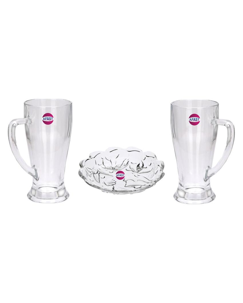 Elegant Clear Glass Two Beer Mugs with One Snack Plate Combo | Set of 3 | 250 ML