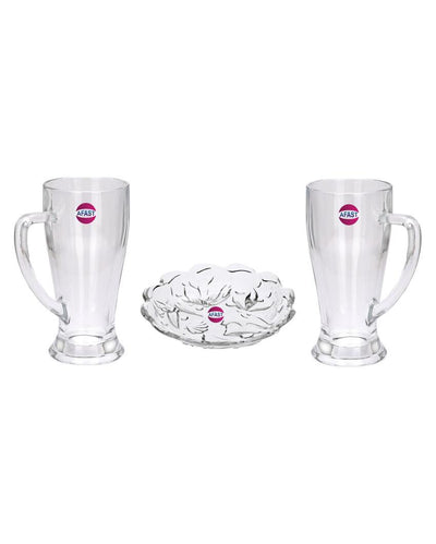 Elegant Clear Glass Two Beer Mugs with One Snack Plate Combo | Set of 3 | 250 ML