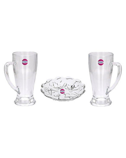 Elegant Clear Glass Two Beer Mugs with One Snack Plate Combo | Set of 3 | 250 ML