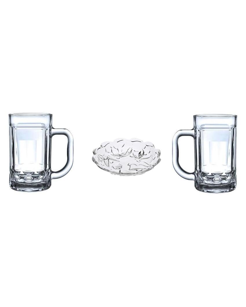 Premium Clear Glass Two Beer Mugs with One Snack Plate Combo | Set of 3 | 400 ML