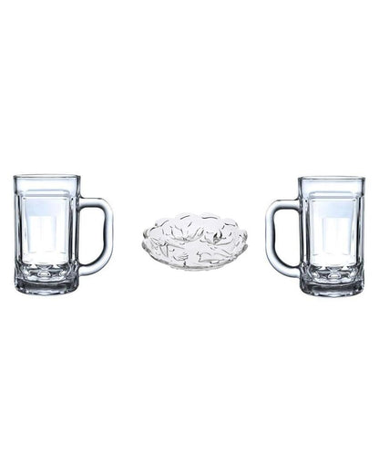 Premium Clear Glass Two Beer Mugs with One Snack Plate Combo | Set of 3 | 400 ML