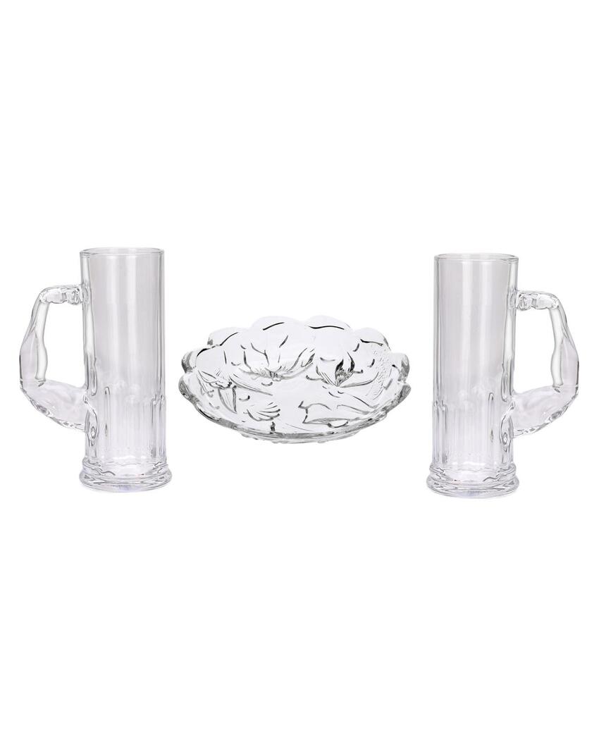 Deluxe Clear Glass Two Beer Mugs with One Snack Plate Combo | Set of 3 | 600 ML