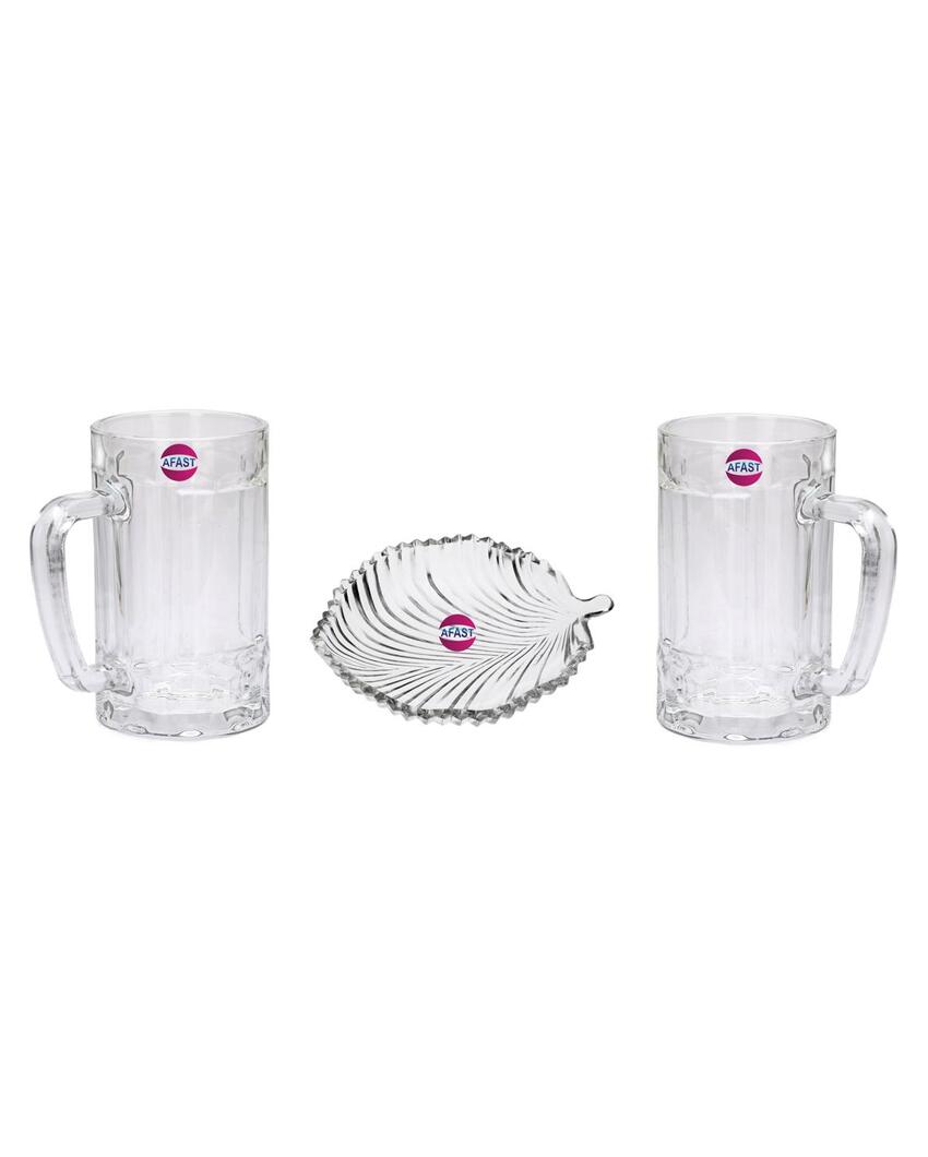 Premium Clear Glass Two Beer Mugs with One Snack Plate Combo | Set of 3 | 400 ML