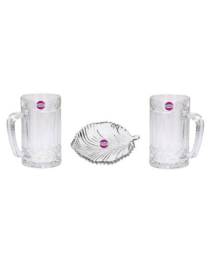 Premium Clear Glass Two Beer Mugs with One Snack Plate Combo | Set of 3 | 400 ML