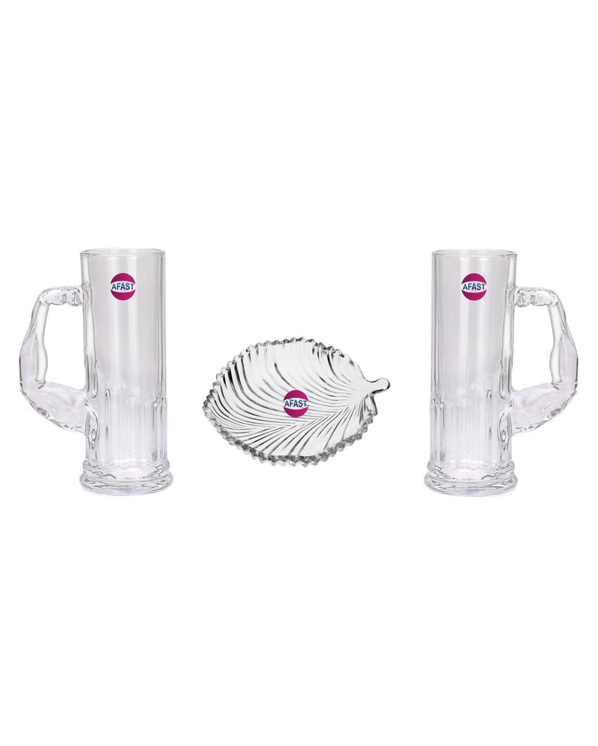 Deluxe Clear Glass Two Beer Mugs with One Snack Plate Combo | Set of 3 | 600 ML