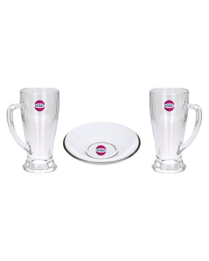 Elegant Clear Glass Two Beer Mugs with One Snack Plate Combo | Set of 3 | 250 ML