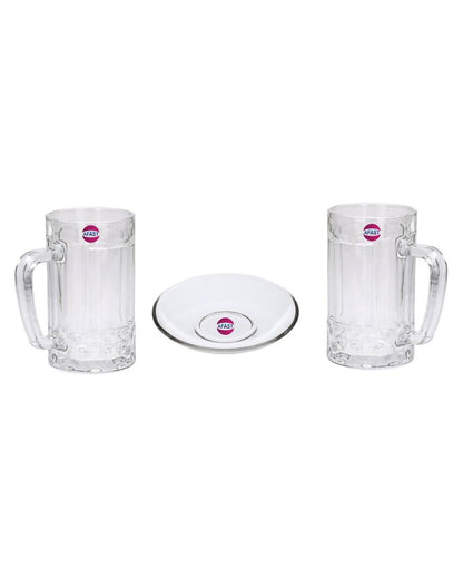 Premium Clear Glass Two Beer Mugs with One Snack Plate Combo | Set of 3 | 400 ML