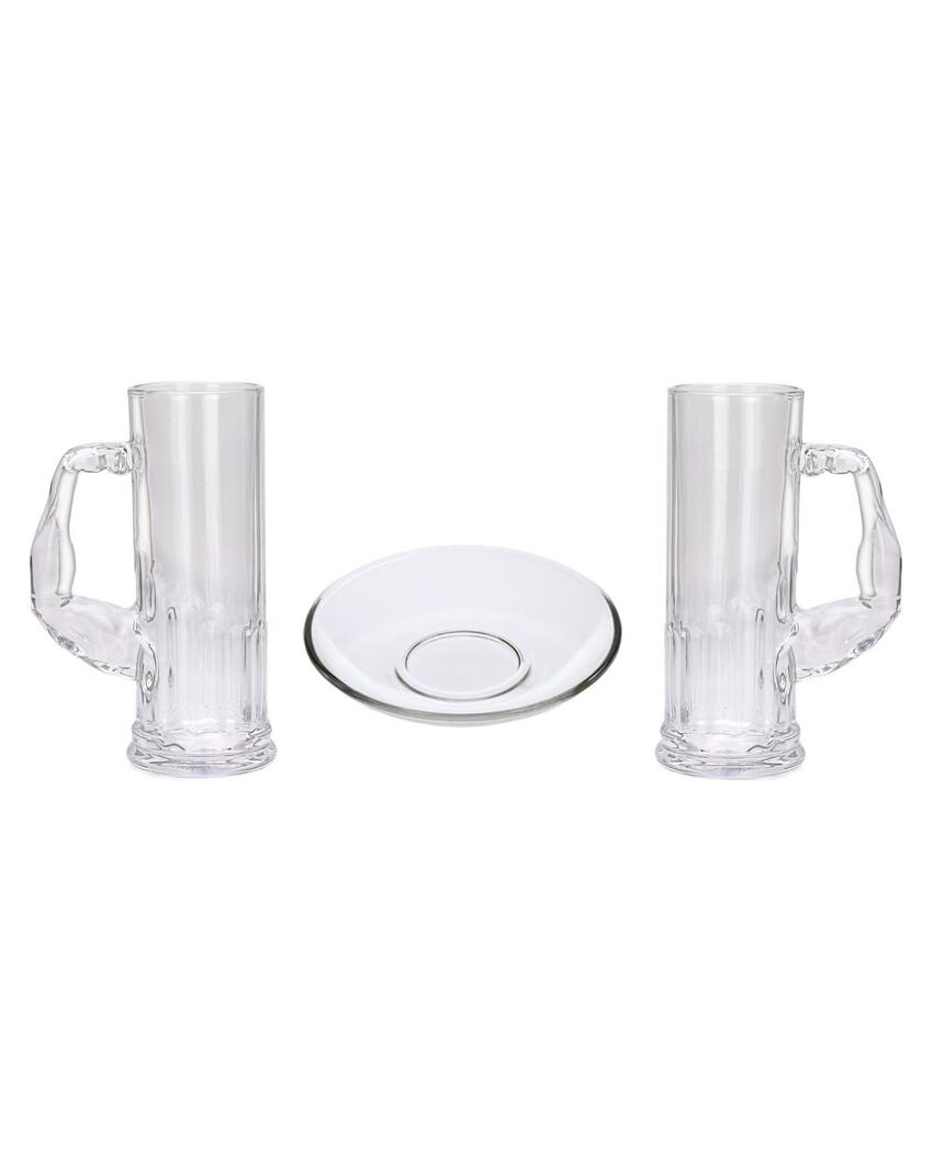 Deluxe Clear Glass Two Beer Mugs with One Snack Plate Combo | Set of 3 | 600 ML