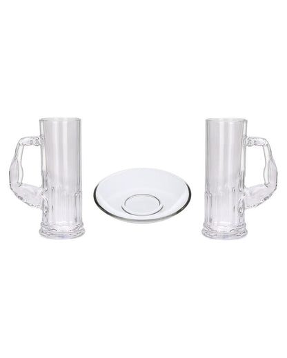 Deluxe Clear Glass Two Beer Mugs with One Snack Plate Combo | Set of 3 | 600 ML