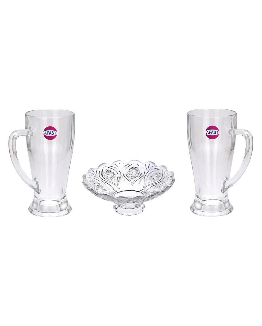 Elegant Clear Glass Two Beer Mugs with One Snack Plate Combo | Set of 3 | 250 ML