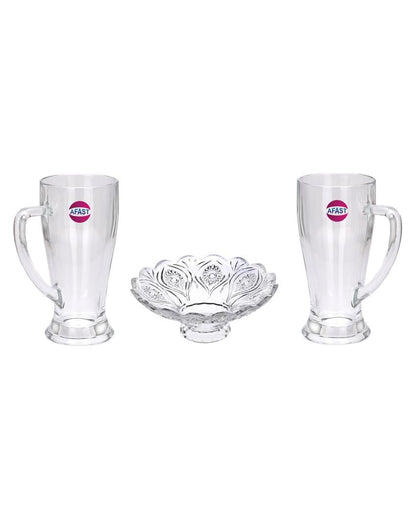 Elegant Clear Glass Two Beer Mugs with One Snack Plate Combo | Set of 3 | 250 ML