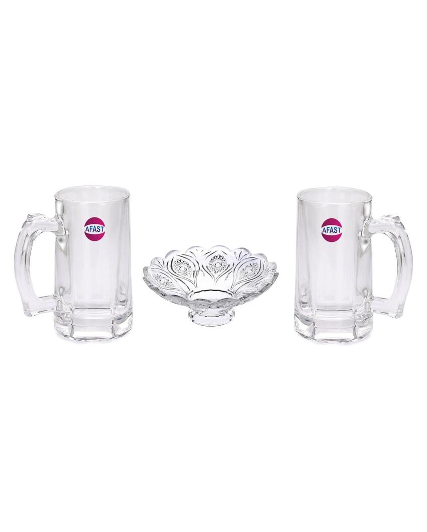 Premium Clear Glass Two Beer Mugs with One Snack Plate Combo | Set of 3 | 400 ML