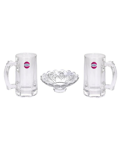 Premium Clear Glass Two Beer Mugs with One Snack Plate Combo | Set of 3 | 400 ML