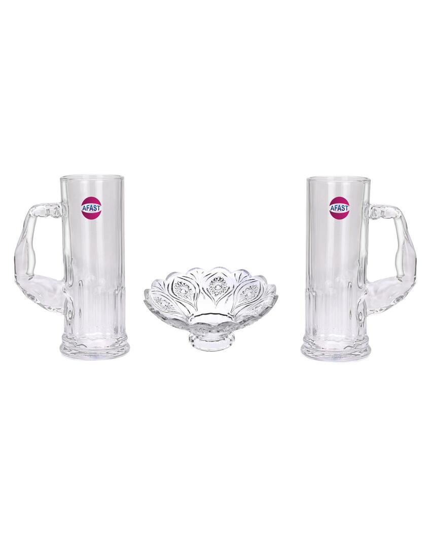 Deluxe Clear Glass Two Beer Mugs with One Snack Plate Combo | Set of 3 | 600 ML