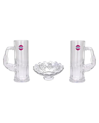 Deluxe Clear Glass Two Beer Mugs with One Snack Plate Combo | Set of 3 | 600 ML