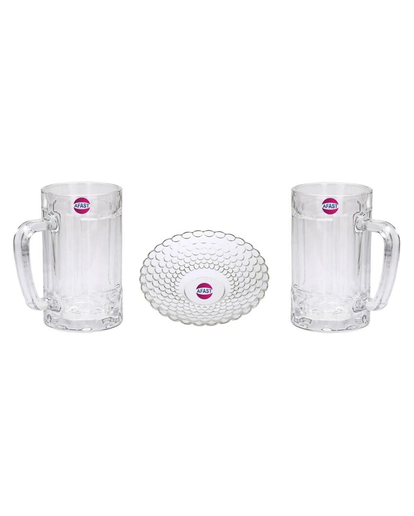 Premium Clear Glass Two Beer Mugs with One Snack Plate Combo | Set of 3 | 400 ML