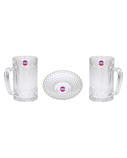 Premium Clear Glass Two Beer Mugs with One Snack Plate Combo | Set of 3 | 400 ML