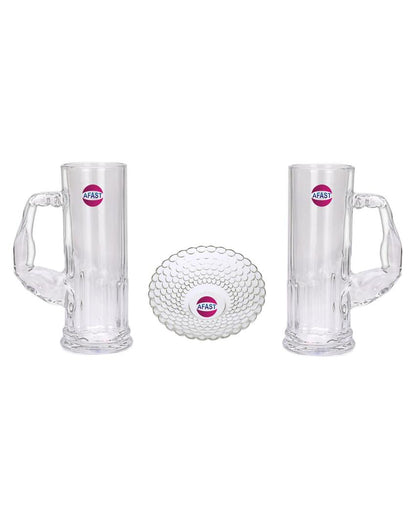 Deluxe Clear Glass Two Beer Mugs with One Snack Plate Combo | Set of 3 | 600 ML