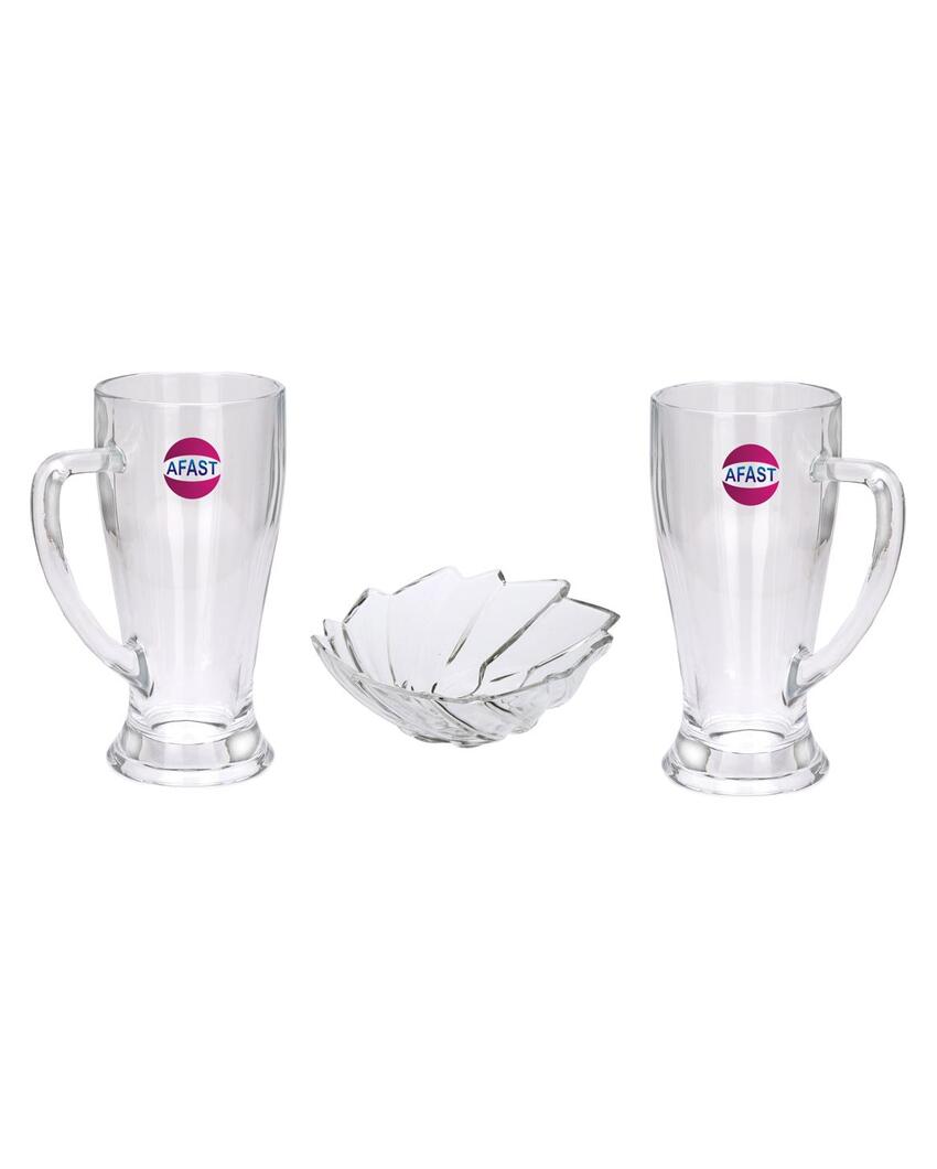 Elegant Clear Glass Two Beer Mugs with One Snack Plate Combo | Set of 3 | 250 ML