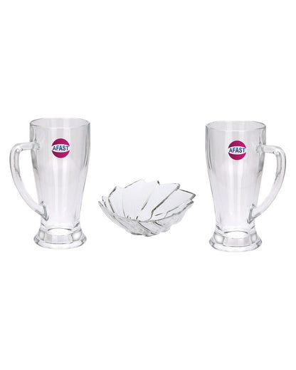 Elegant Clear Glass Two Beer Mugs with One Snack Plate Combo | Set of 3 | 250 ML