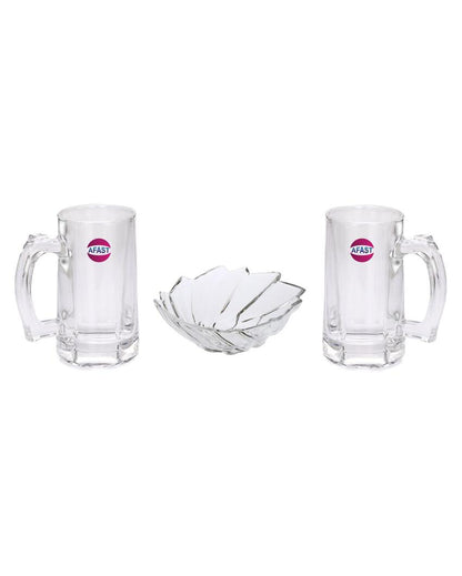 Premium Clear Glass Two Beer Mugs with One Snack Plate Combo | Set of 3 | 400 ML