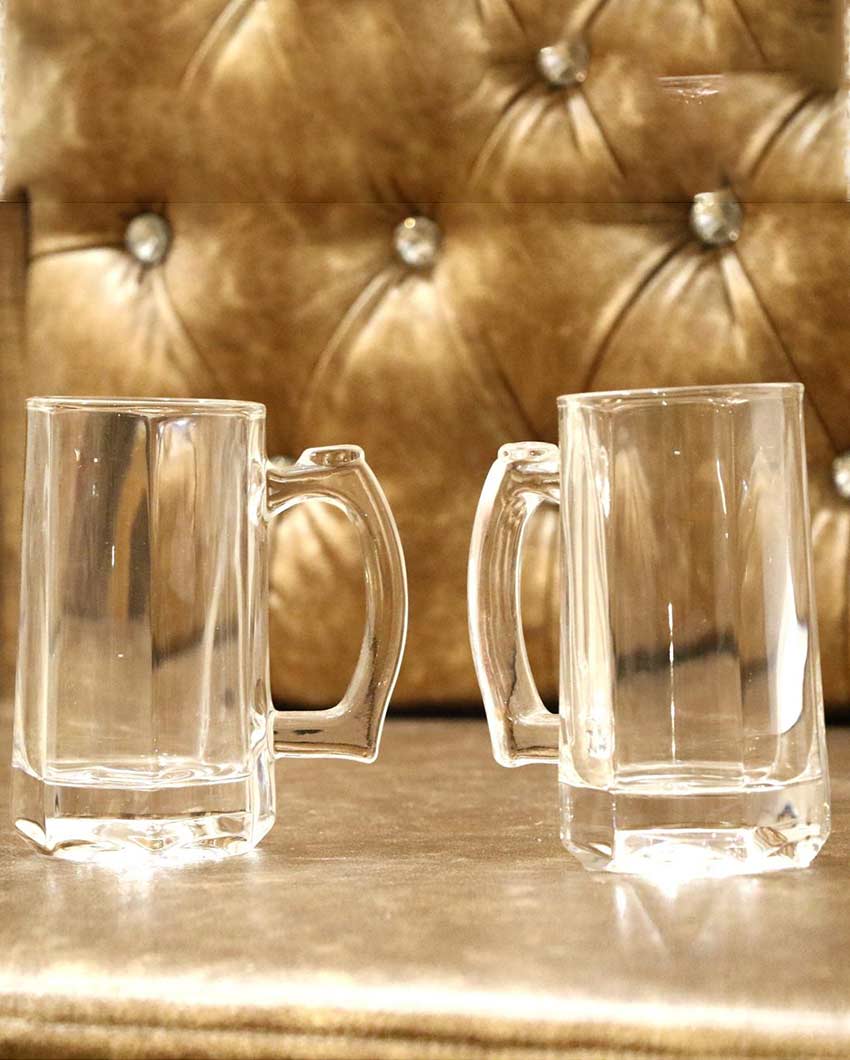 Premium Clear Glass Two Beer Mugs with One Snack Plate Combo | Set of 3 | 400 ML