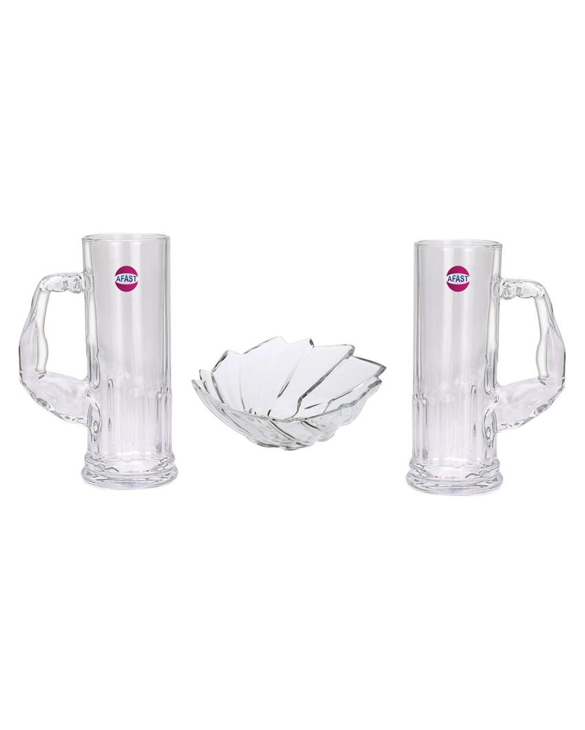 Deluxe Clear Glass Two Beer Mugs with One Snack Plate Combo | Set of 3 | 600 ML