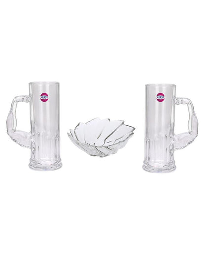 Deluxe Clear Glass Two Beer Mugs with One Snack Plate Combo | Set of 3 | 600 ML