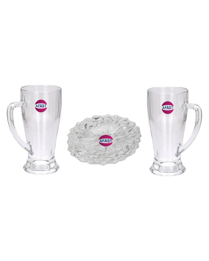 Elegant Clear Glass Two Beer Mugs with One Snack Plate Combo | Set of 3 | 250 ML