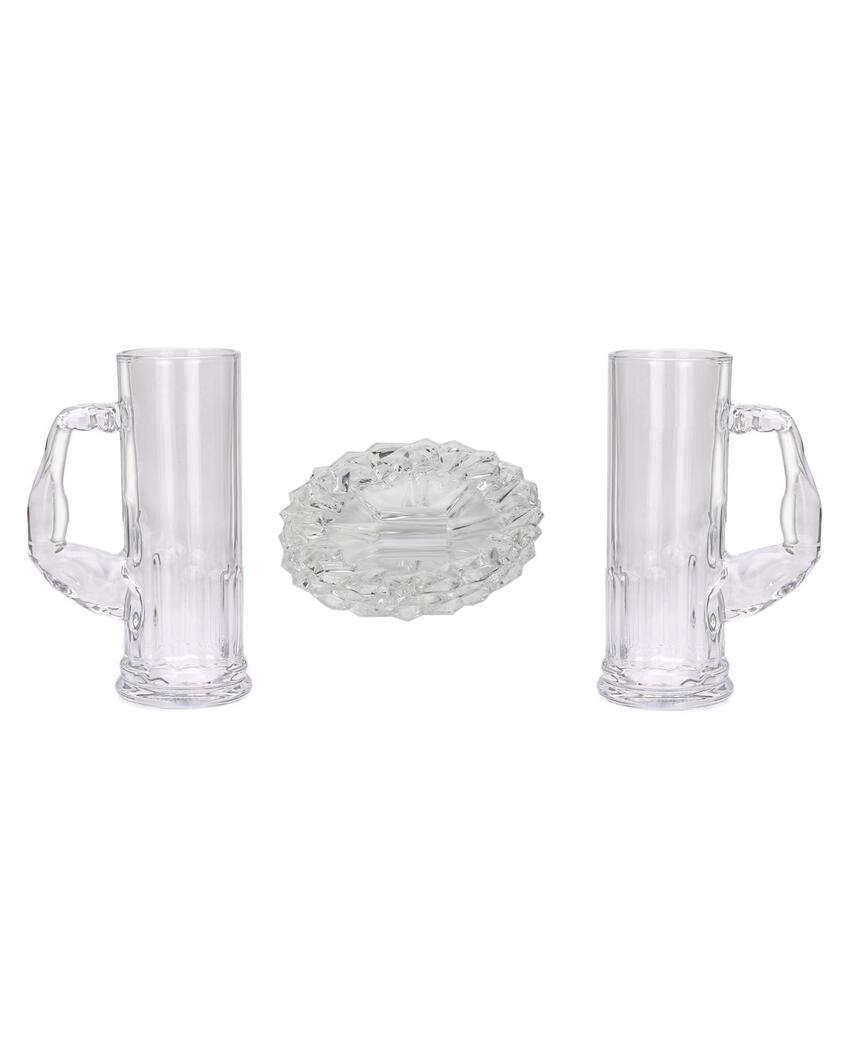 Deluxe Clear Glass Two Beer Mugs with One Snack Plate Combo | Set of 3 | 600 ML