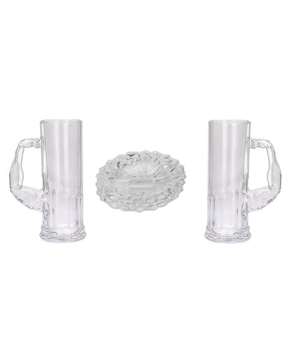 Deluxe Clear Glass Two Beer Mugs with One Snack Plate Combo | Set of 3 | 600 ML