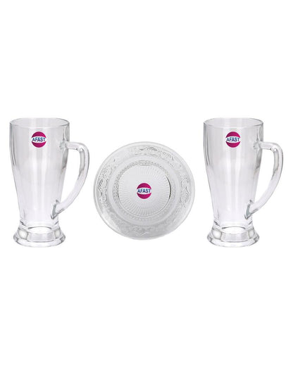 Elegant Clear Glass Two Beer Mugs with One Snack Plate Combo | Set of 3 | 250 ML