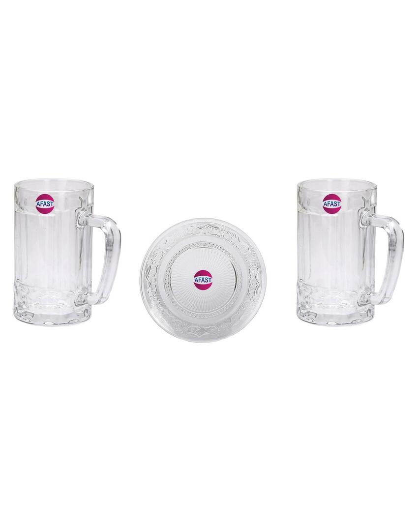 Premium Clear Glass Two Beer Mugs with One Snack Plate Combo | Set of 3 | 400 ML