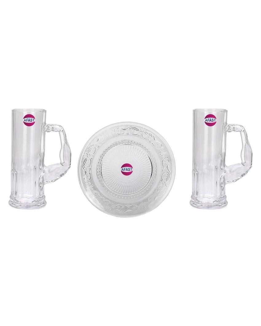 Deluxe Clear Glass Two Beer Mugs with One Snack Plate Combo | Set of 3 | 600 ML