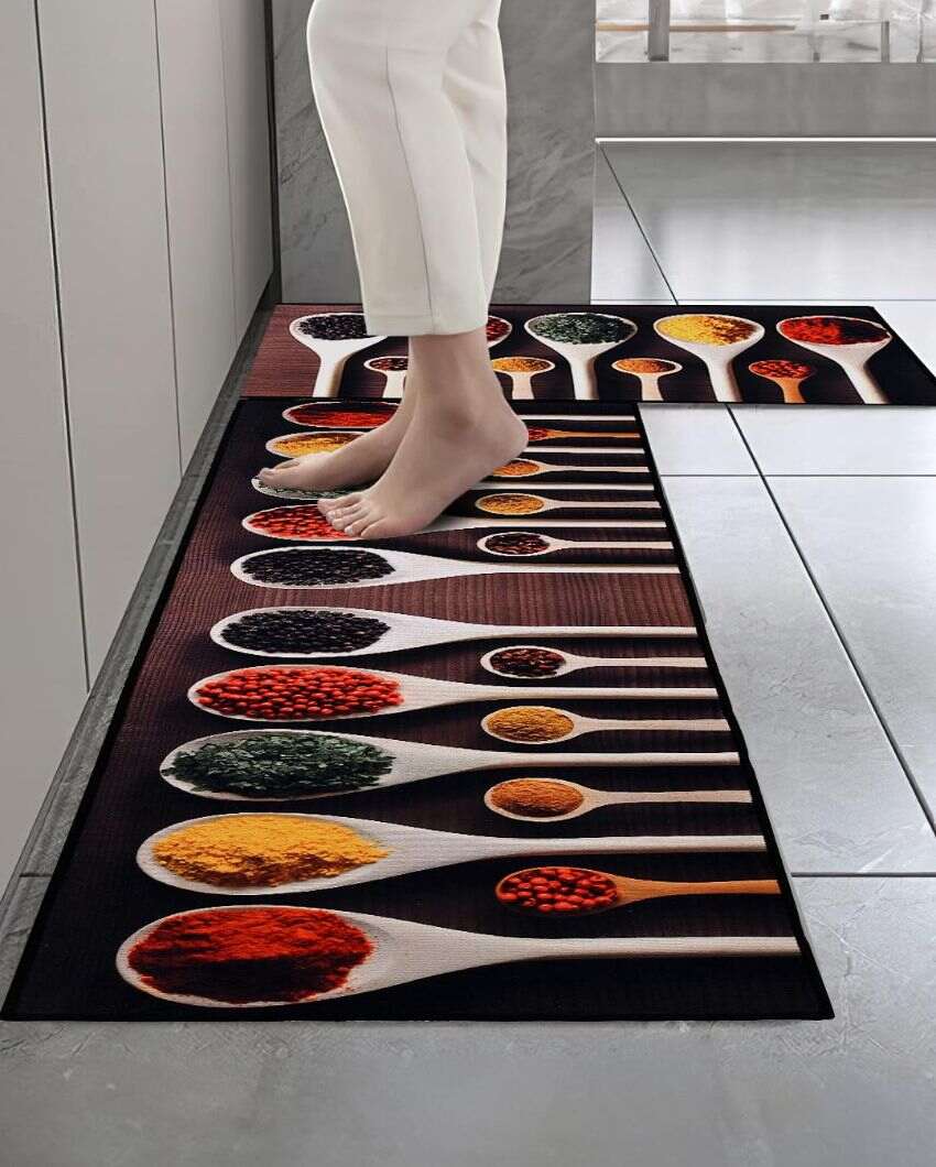 L-Shape Spices Printed Waterproof Memory Foam Silicon Kitchen Mats | Pack Of 2