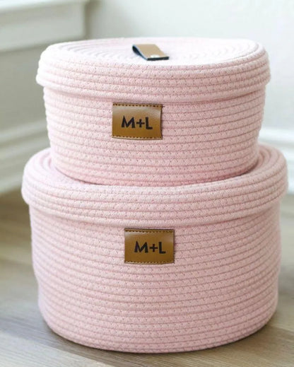 Decorative Multipurpose Cotton Storage Baskets | Set Of 2 Pink