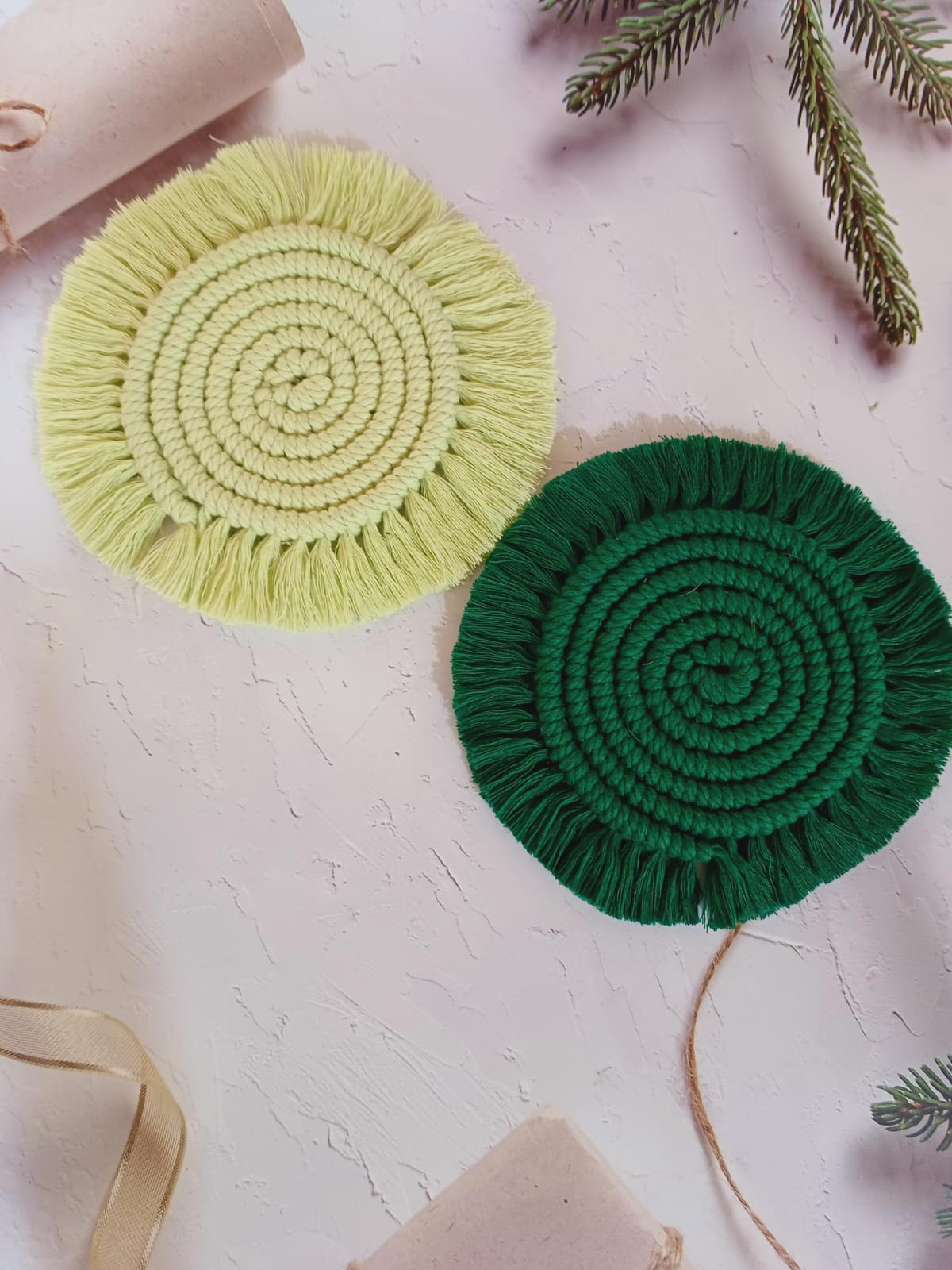 Macrame Handcrafted Lemon & Green Round Coasters | Set Of 2