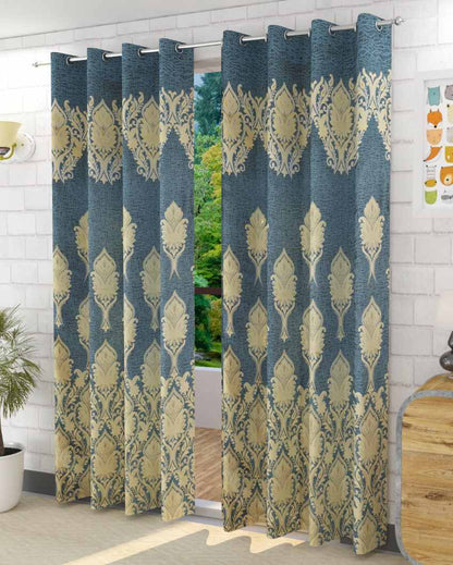 Light Blue Polyester Jute Royal Curtains For Living Room Decoration | Set Of 2