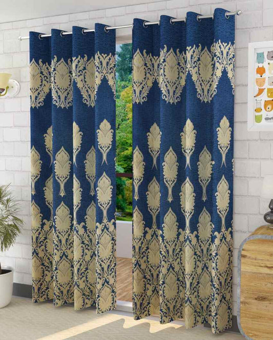 Blue Polyester Jute Royal Curtains For Living Room Decoration | Set Of 2