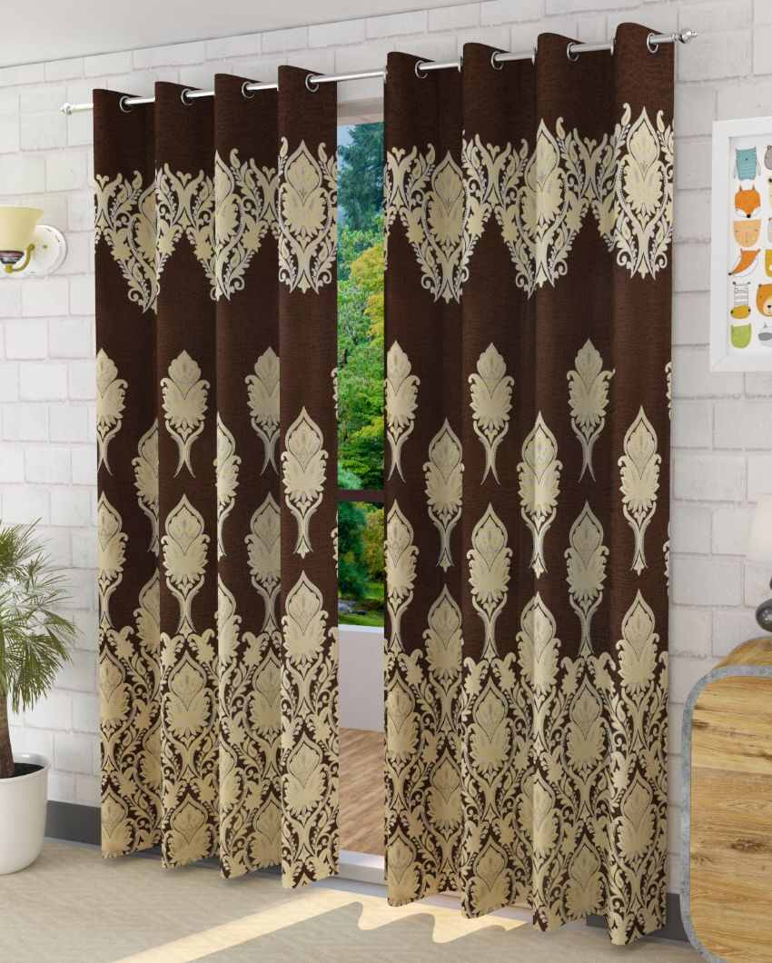 Brown Polyester Jute Royal Curtains For Living Room Decoration | Set Of 2