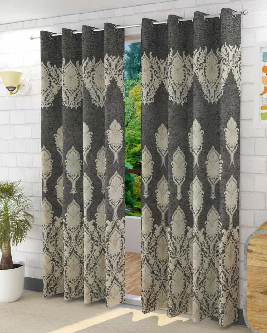 Grey Polyester Jute Royal Curtains For Living Room Decoration | Set Of 2