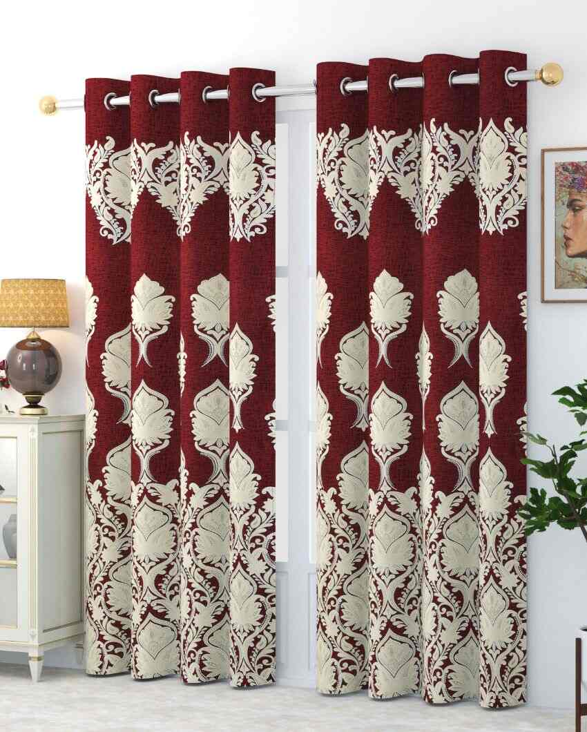 Maroon Polyester Jute Royal Curtains For Living Room Decoration | Set Of 2